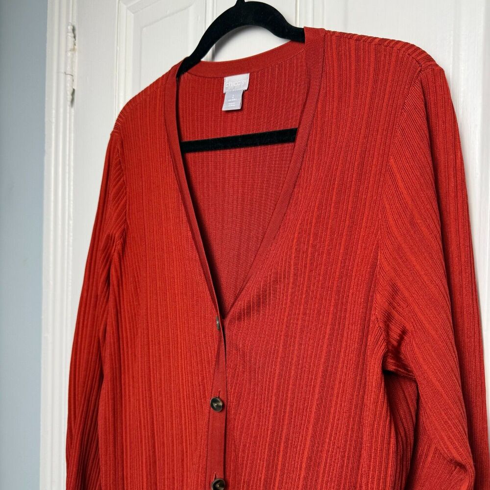 Chicos Sweater Womens Large Red Orange Knit Cardigan Button Down Long Line Tunic - Picture 2 of 8